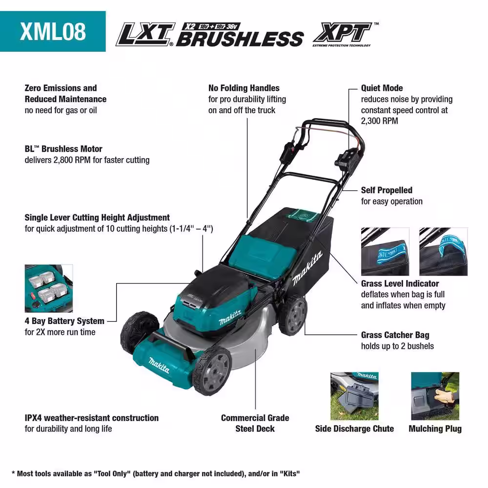 Makita 21 in. 18-Volt X2 (36V) LXT Lithium-Ion Cordless Walk Behind Self Propelled Lawn Mower, Tool Only