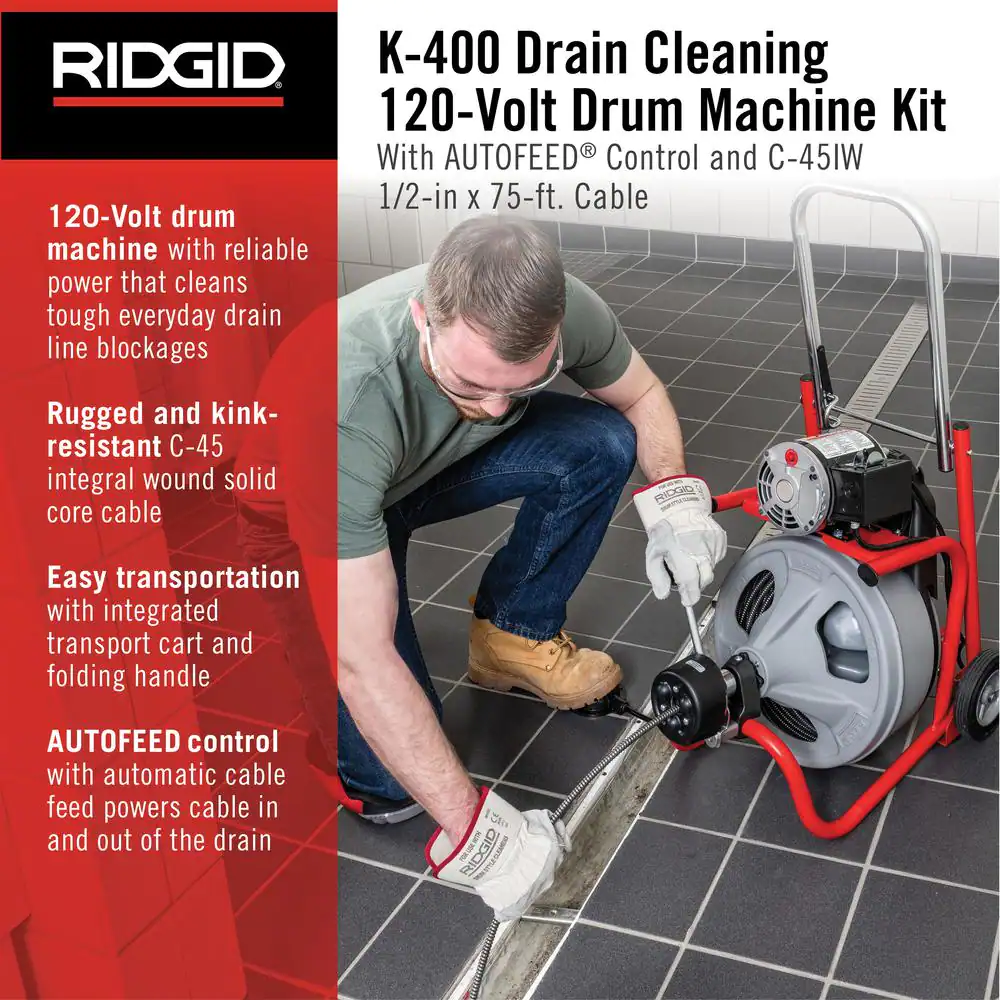 RIDGID K-400 AutoFeed Drain Cleaning Snake Auger 120-Volt Drum Machine and C-45IW 1/2 in. x 75 ft. Cable + Tool Set & Gloves