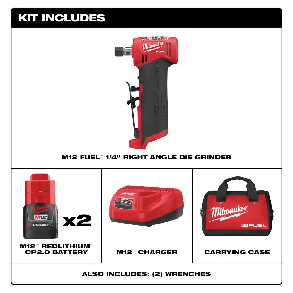 Milwaukee M12 FUEL 12V Lithium-Ion Brushless Cordless 1/4 in. Right Angle Die Grinder Kit w/ (2) 2.0Ah Batteries