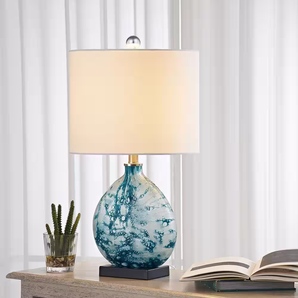 Maxax Denver 23 in. Bedside Blue Glass Table Lamp with White Linen Shade