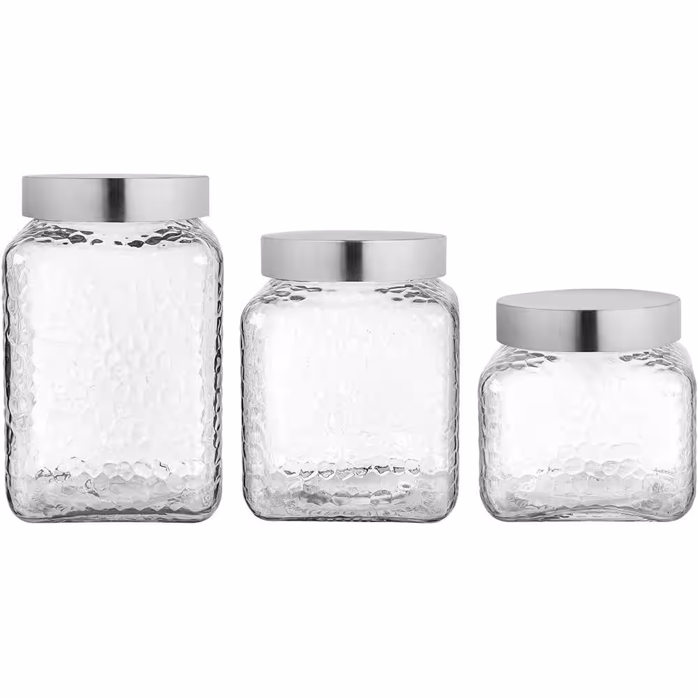 Style Setter 3-Piece Square Glass Jars Canisters Set with Silver Lids, Clear