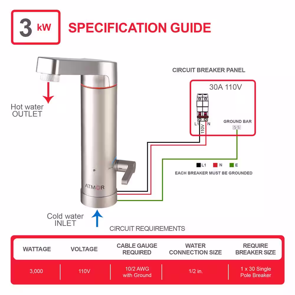 ATMOR HotTap 3kW 0.5 GPM 2-in-1 Electric Tankless Water Heater / Faucet