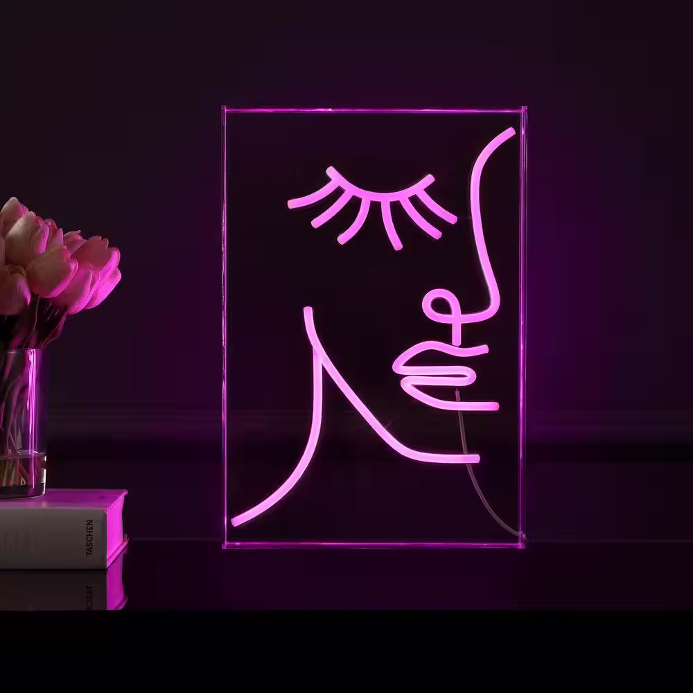 JONATHAN Y Half-Face 10.3 in. x 15 in. Contemporary Glam Acrylic Box USB Operated LED Neon Night Light, Pink