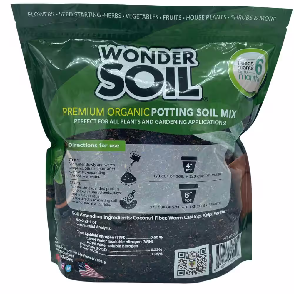 WONDER SOIL Premium Organic Coco Coir Potting Garden Soil - 3 lbs. Expands Up to 3 Gal.