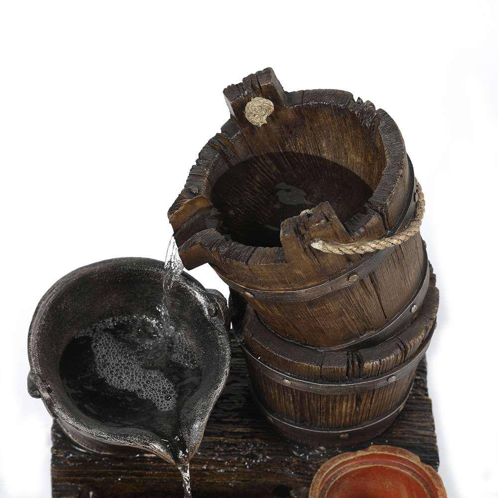 LuxenHome Resin Whiskey Barrel Patio Cascade Fountain with Planter and LED Lights