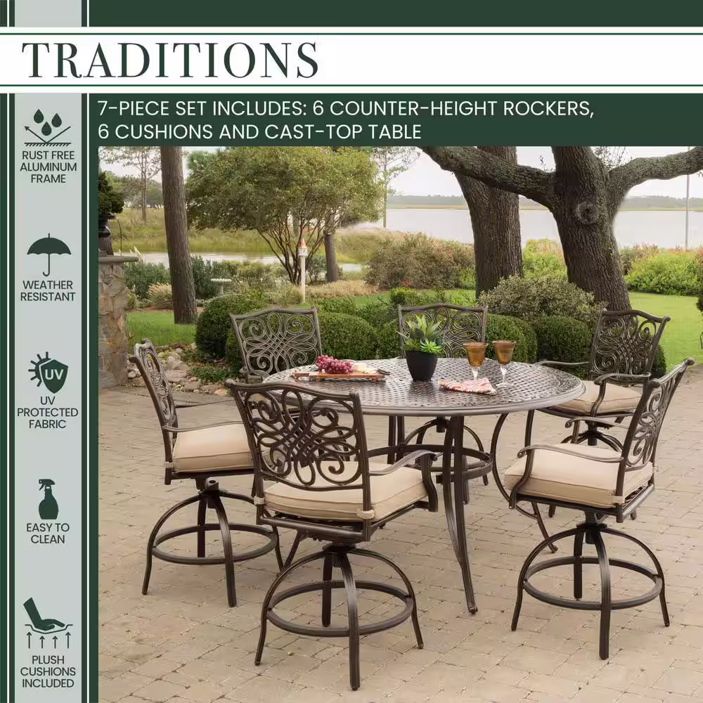 Hanover Traditions 7-Piece Aluminum Outdoor High Dining Set with Swivel Chairs with Natural Oat Cushions