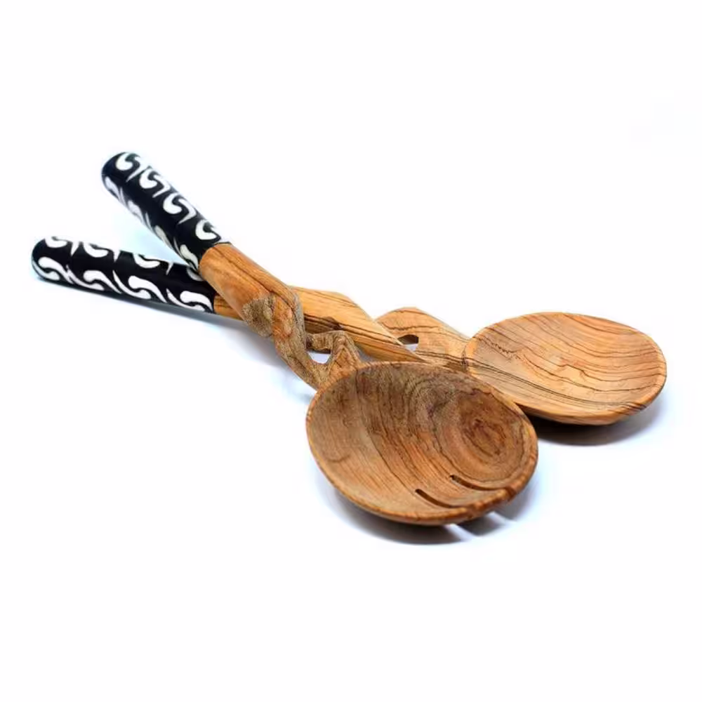 None Twisted Olive Wood Salad Servers with Batik Bone Handles