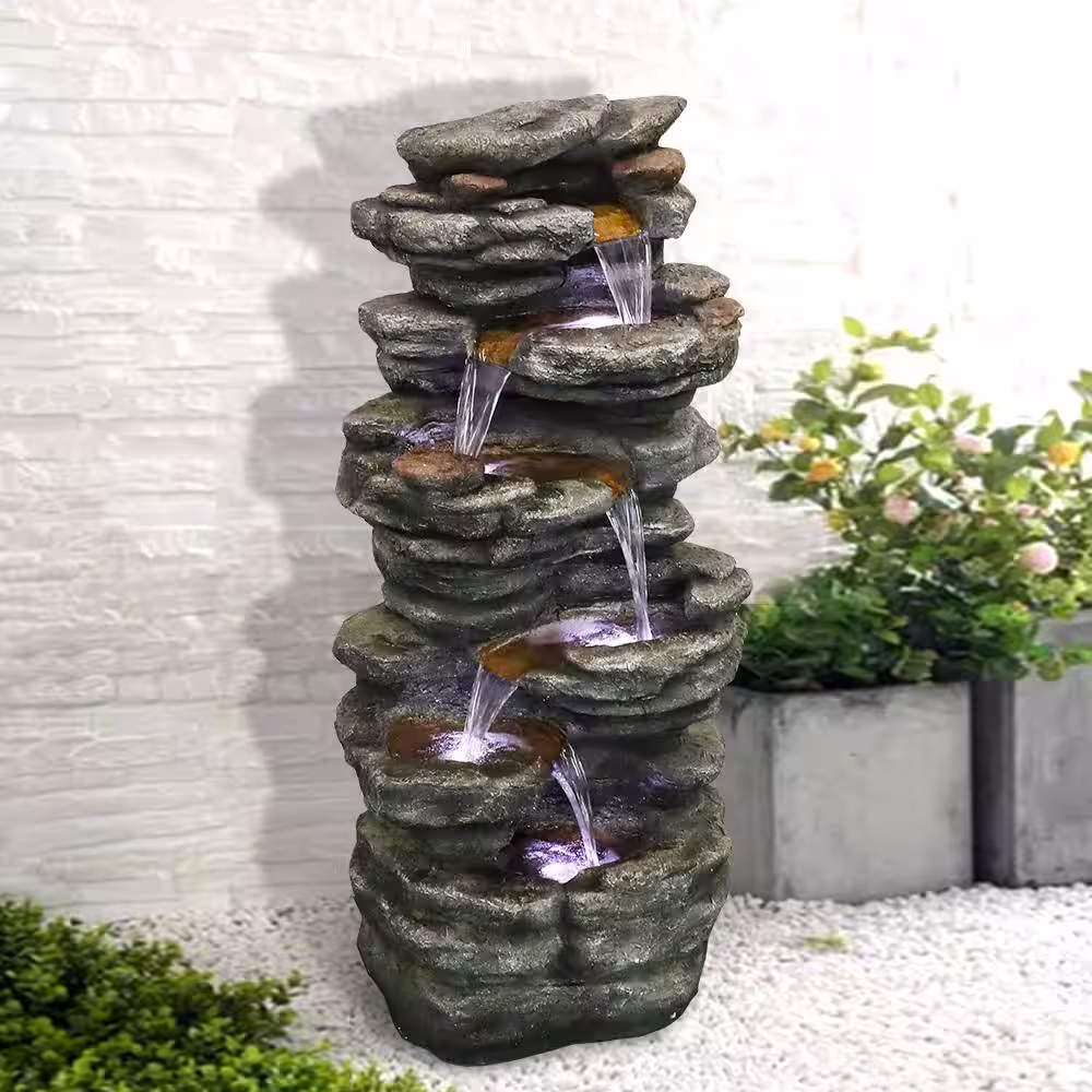 Watnature 40 in. 6-Tier Resin Fiberglass Garden Water Fountain with LED Lights and Soothing Sound for Office, Garden