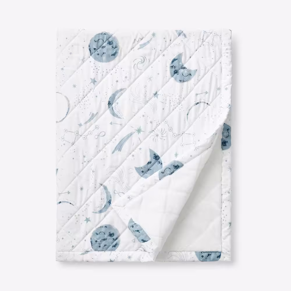 The Company Store Company Kids Night Sky Reversible Blue Multi Organic Cotton Percale Stroller Blanket