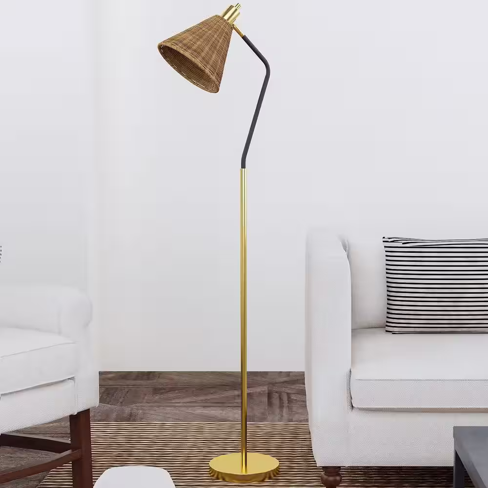 Maxax Heideman 62 in Black/Bronze Indoor Floor Lamp with Rattan Lampshade Lamp Head Knob Switch