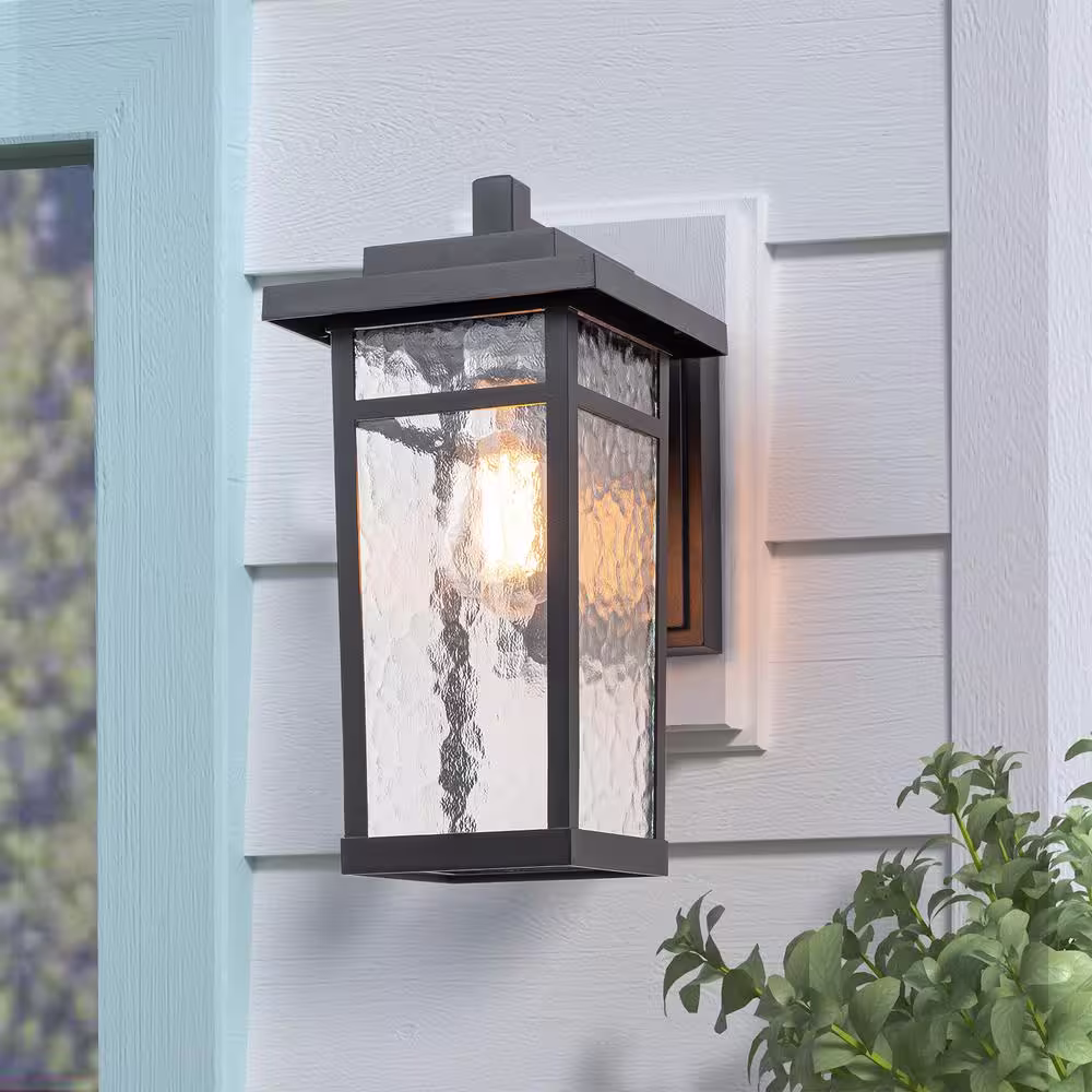 EDISLIVE Douglas 1-Light Black Lantern Outdoor Sconce with Hammered Glass