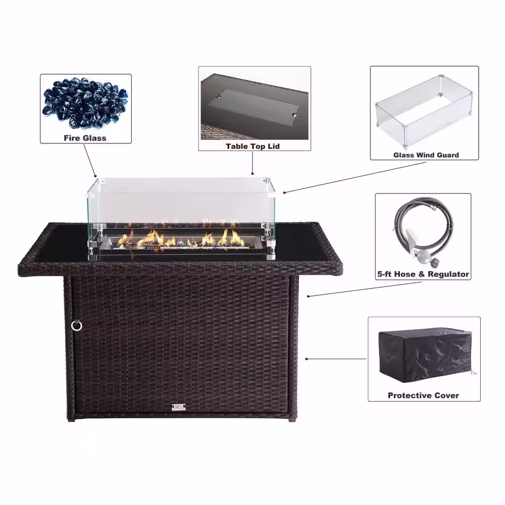 Oakville Furniture 44 in. x 32 in. Outdoor Rectangular Wicker Aluminum Gas Propane Brown Fire Pit Table in Tempered Glass w/Fire Glass