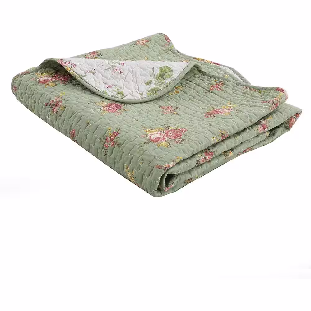 None Vintage Floral Rose Green Chintz Sage Pink Yellow Scalloped Cotton Throw Blanket (Set of 1)