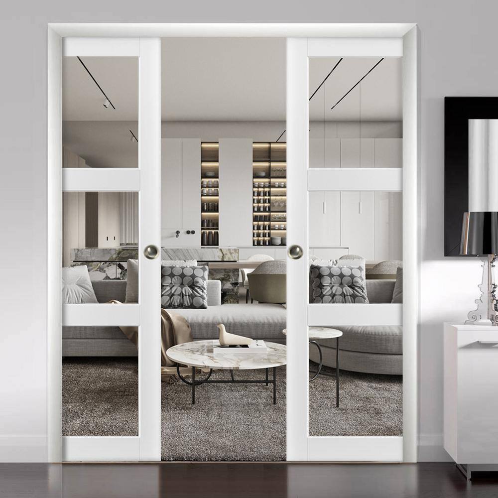 Sartodoors 2555 42 in. x 80 in. 3 Panel No Bore Solid 3 Lite Clear Glass White Finished Pine Wood Interior Door Slab