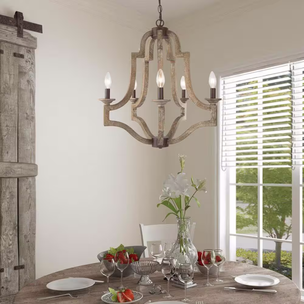Uolfin Modern Farmhouse Candlestick Retro Wood Island Chandelier, 5-Light Rustic Black Lantern Cage Chandelier Pendant Lights