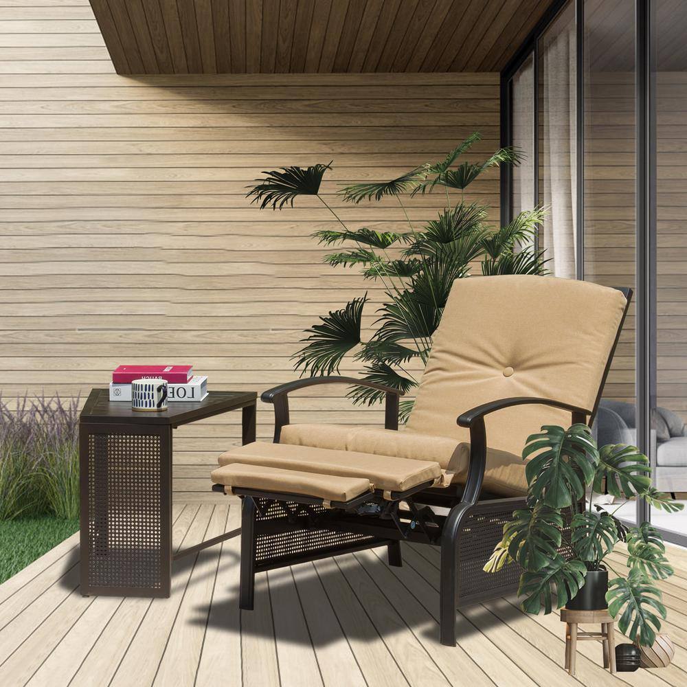 None Brown 2-Piece Metal Outdoor Bistro Recliner Set with Khaki Cushions