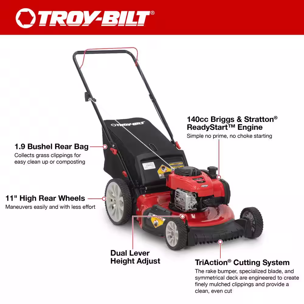 Troy-Bilt 21 in. 140 cc Briggs & Stratton Gas Walk Behind Push Mower with Rear Bag, Mulch and Side Discharge
