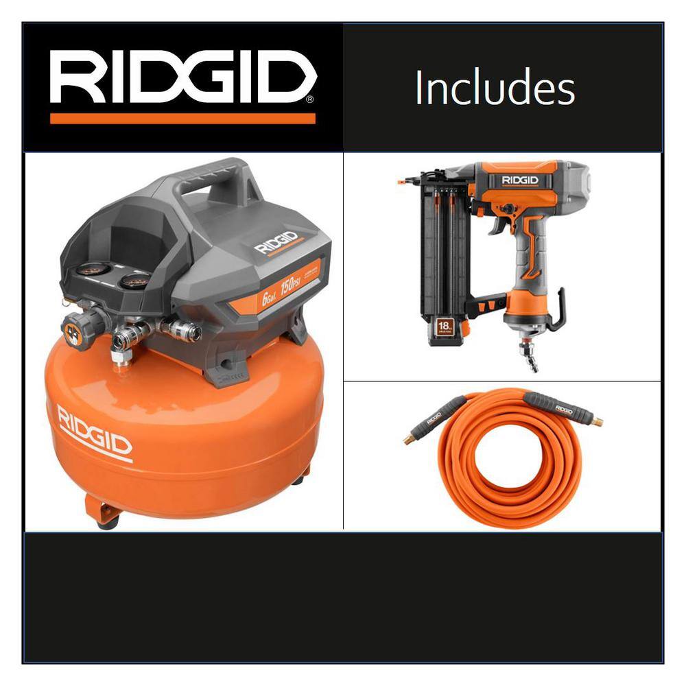 RIDGID 6 Gal. Compressor with 50ft. Lay Flat Hose and 18GA Brad Nailer