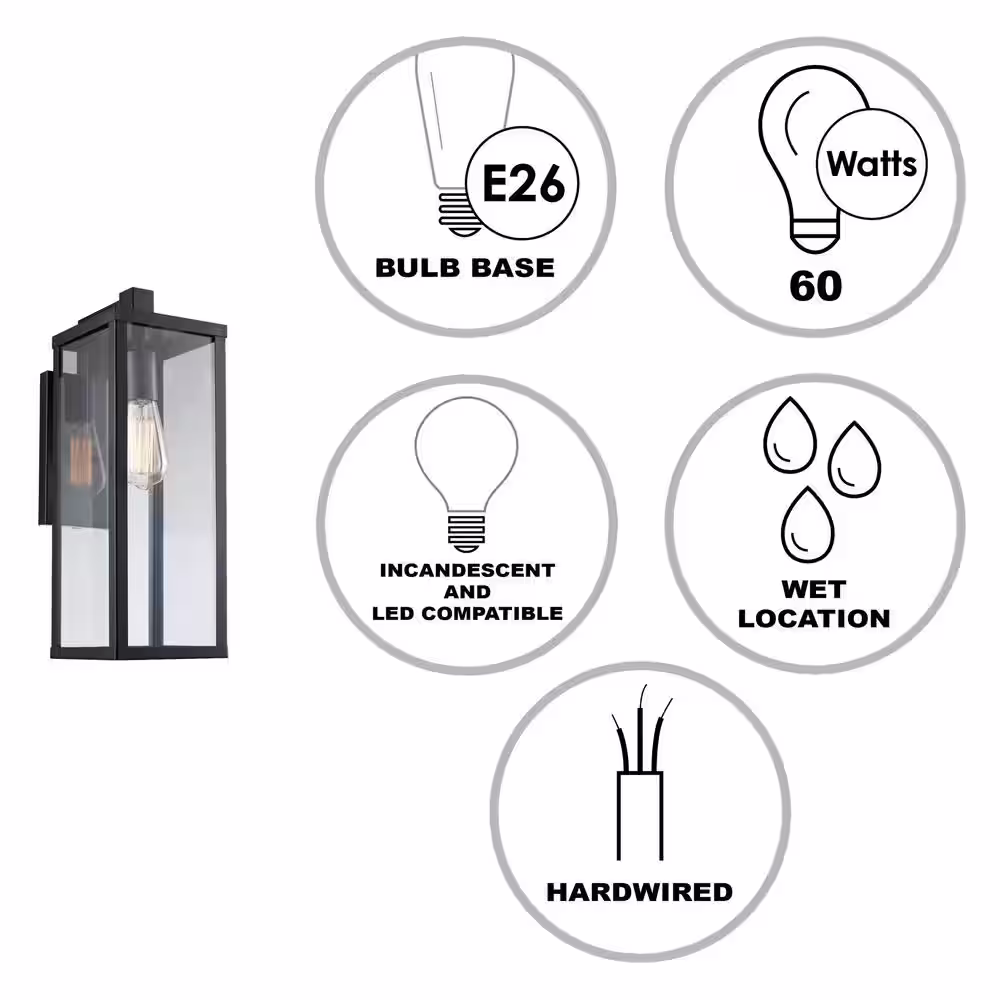 Bel Air Lighting Oxford 17.75 in. 1-Light Black Modern Outdoor Wall Light Fixture with Clear Glass