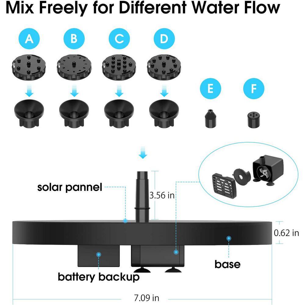 None 3.5-Watt Solar Bird Bath Fountain Built-in 1500mAh Battery, Solar Water Fountain Pump
