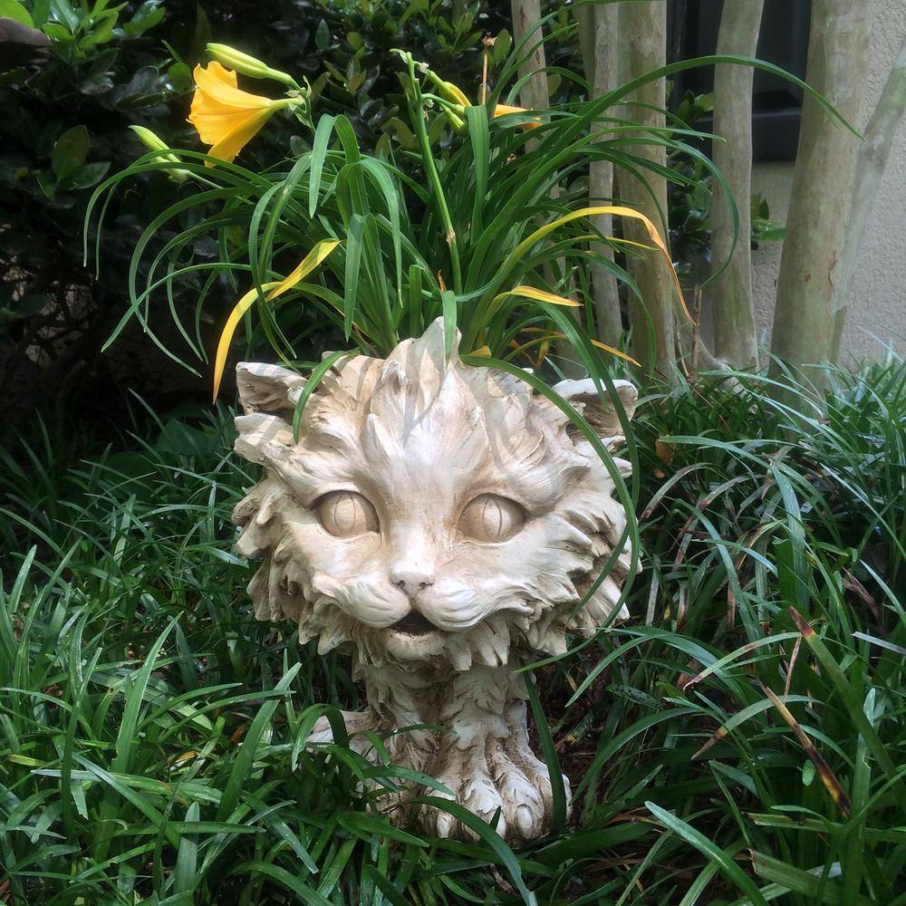 HOMESTYLES 12 in. Antique White Scruffy the House Cat Muggly Planter Statue Holds 4 in. Pot