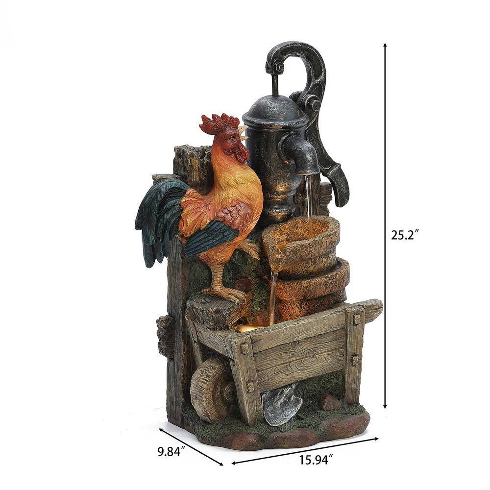 None Farmhouse Pump and Rooster Outdoor Polyresin Cascade Fountain with LED Lights
