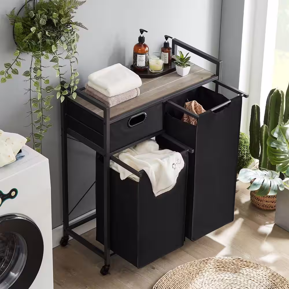 YOFE Gray 1-Drawer Particle Board Laundry Basket with Wheel or Adjustable Feet, Laundry Hamper with Removable 2-Bags