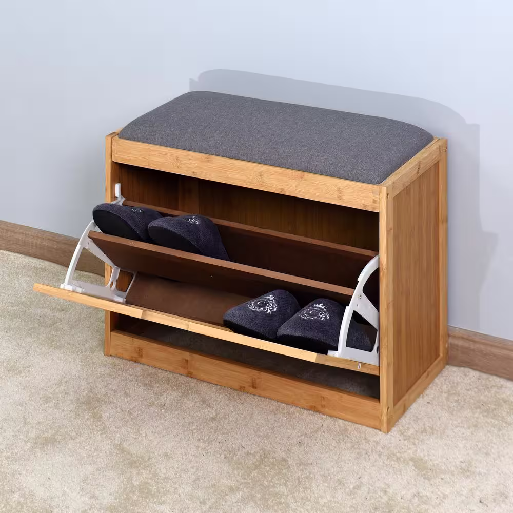 aisword Entryway Bamboo Bench Living Room Storage Shoe Rack with Foldable Shelf