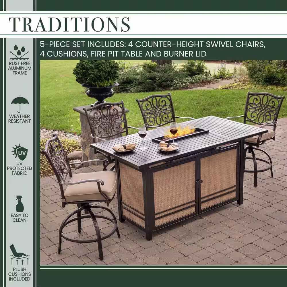 Hanover Traditions 5-Piece Aluminum Rectangular Outdoor High Dining Set with Fire Pit with Natural Oat Cushions