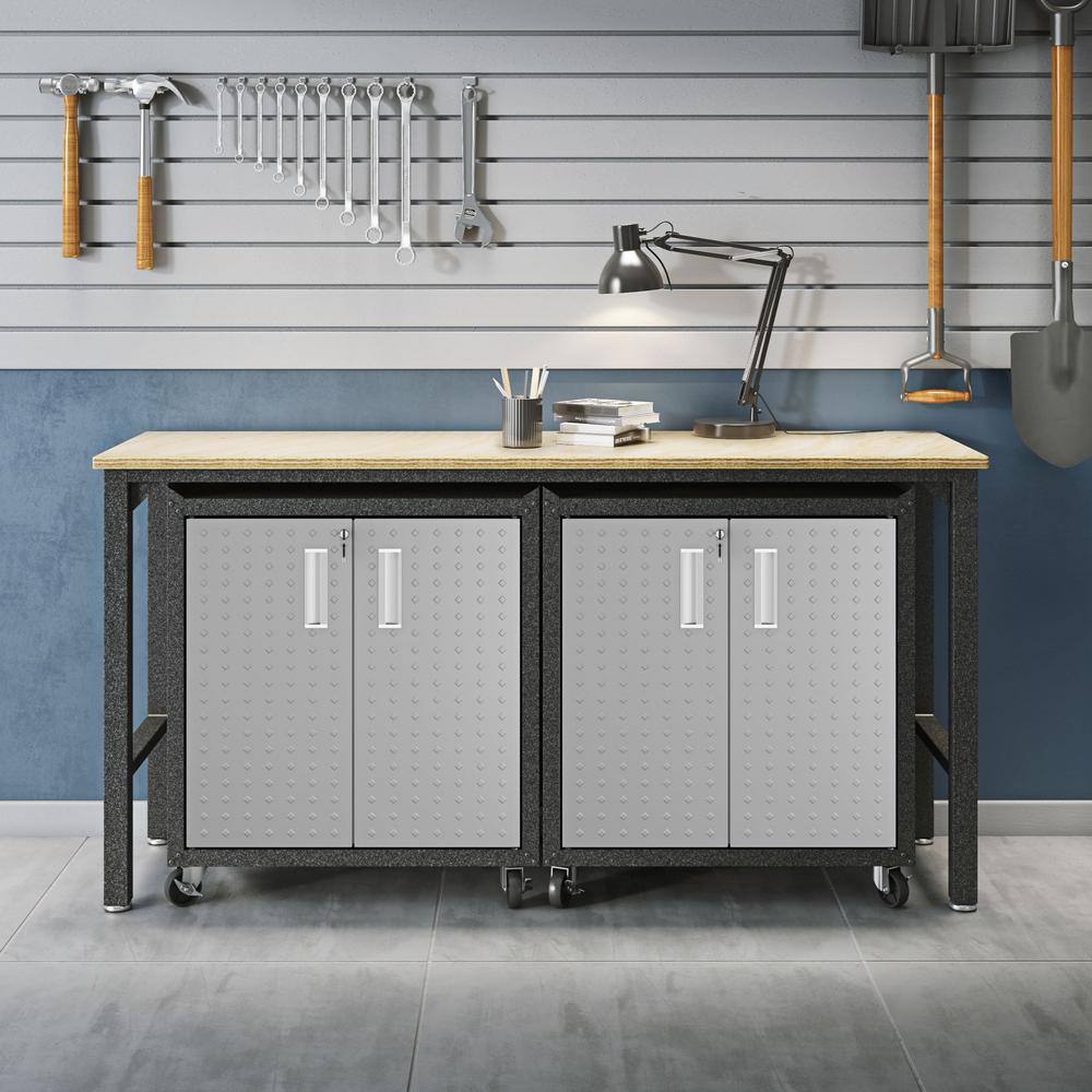 Manhattan Comfort Fortress 37.6 in. H x 72.4 in. W x 20.5 in. D Mobile Space-Saving Steel Garage Cabinet and Worktable in Grey (3-Piece)