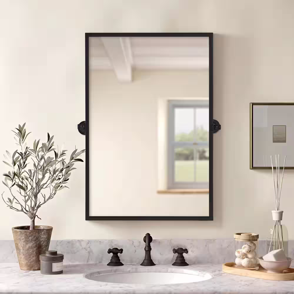 None 24 in. W x 36 in. H Modern Rectangle Metal Framed Black Pivoted Wall Vanity Mirror