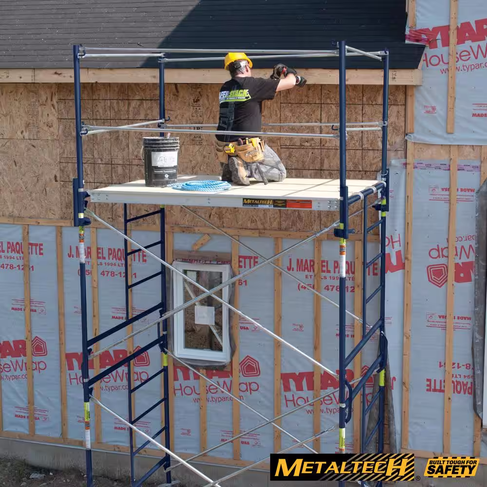 MetalTech Saferstack 2-Level Frame Rolling Scaffold Tower Set Including Cross Braces, Platforms and Guardrail System