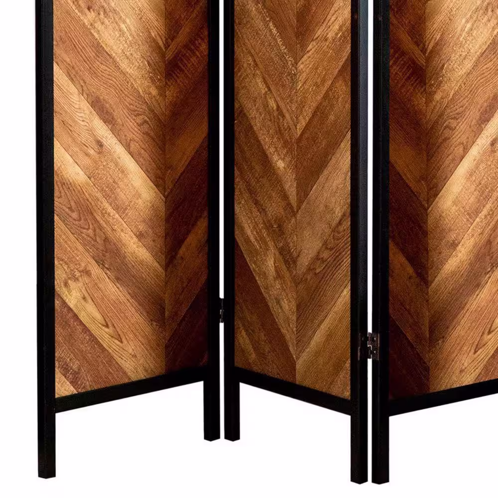 Benjara 70.25 in. Brown Herringbone Pattern Wood 3-Panel Folding Room Divider