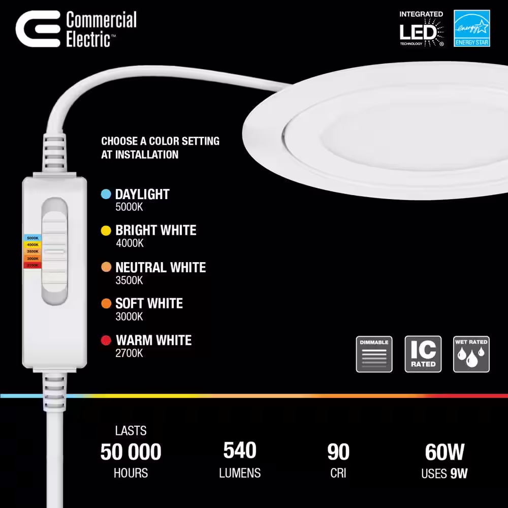 Commercial Electric Slim Directional 4 in. Adjustable CCT Canless New Construction & Remodel IC Rated Indoor Dimmable LED Recessed Light Kit