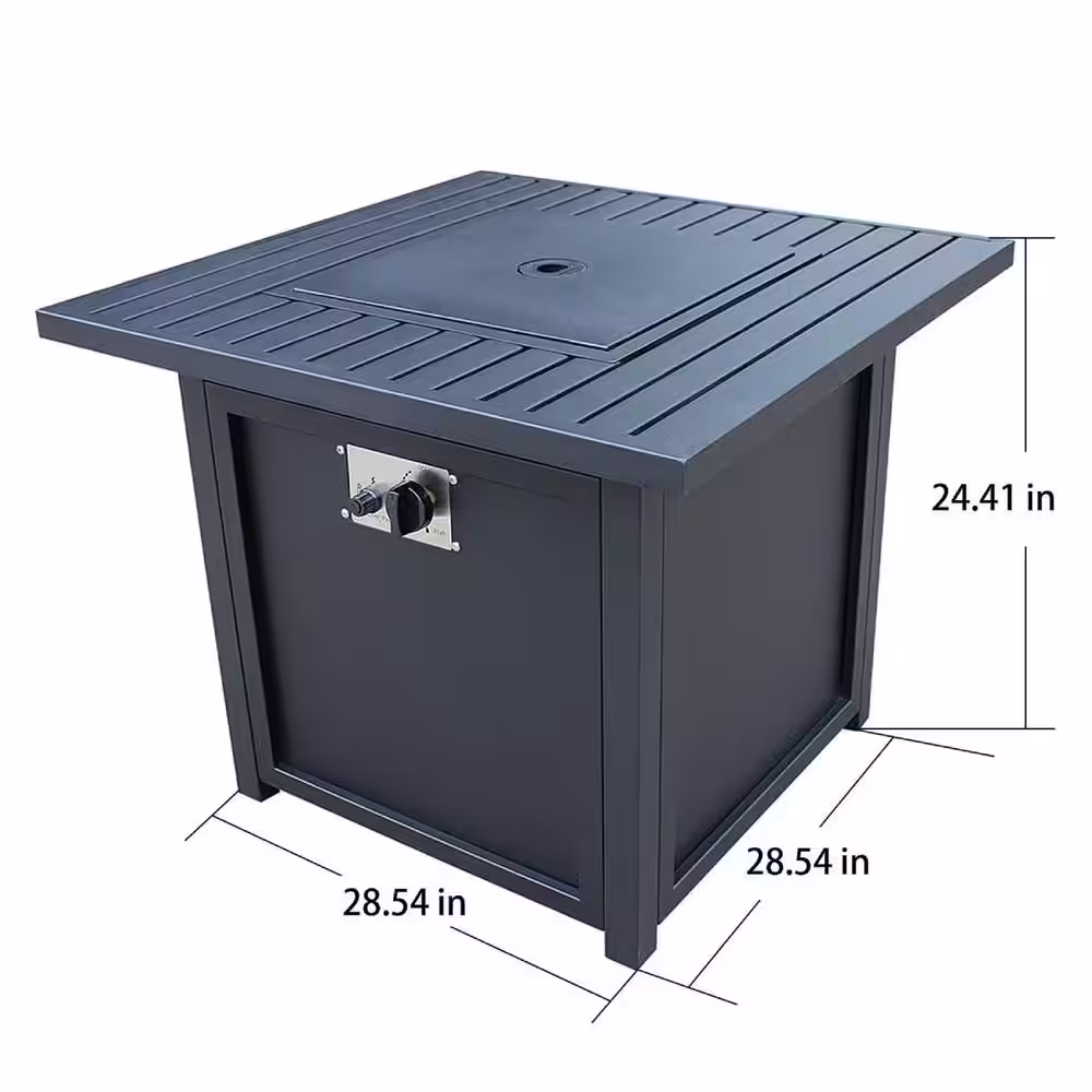 None 28 in. Metal Slat Top Gas Fire Pit Table-Black