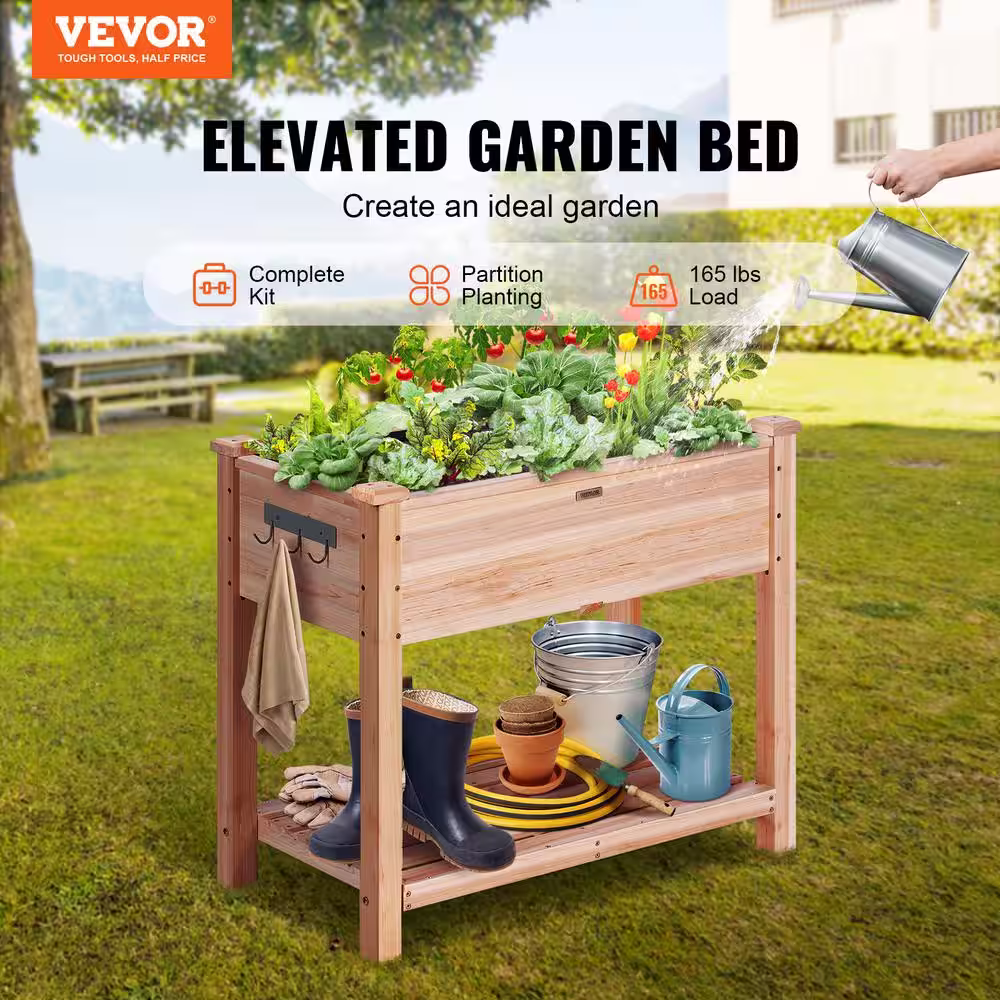 VEVOR Raised Garden Bed 33.9 in. x 18.1 in. x 30 in. Wooden Planter Box with Hooks on the Side Outdoor Planting Boxes