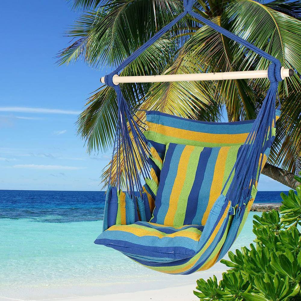 None Hammock Chair Hanging Rope Swing - Max 500 lbs. 2-Cushions Included - Steel Spreader Bar with Rings (Blue Striped)