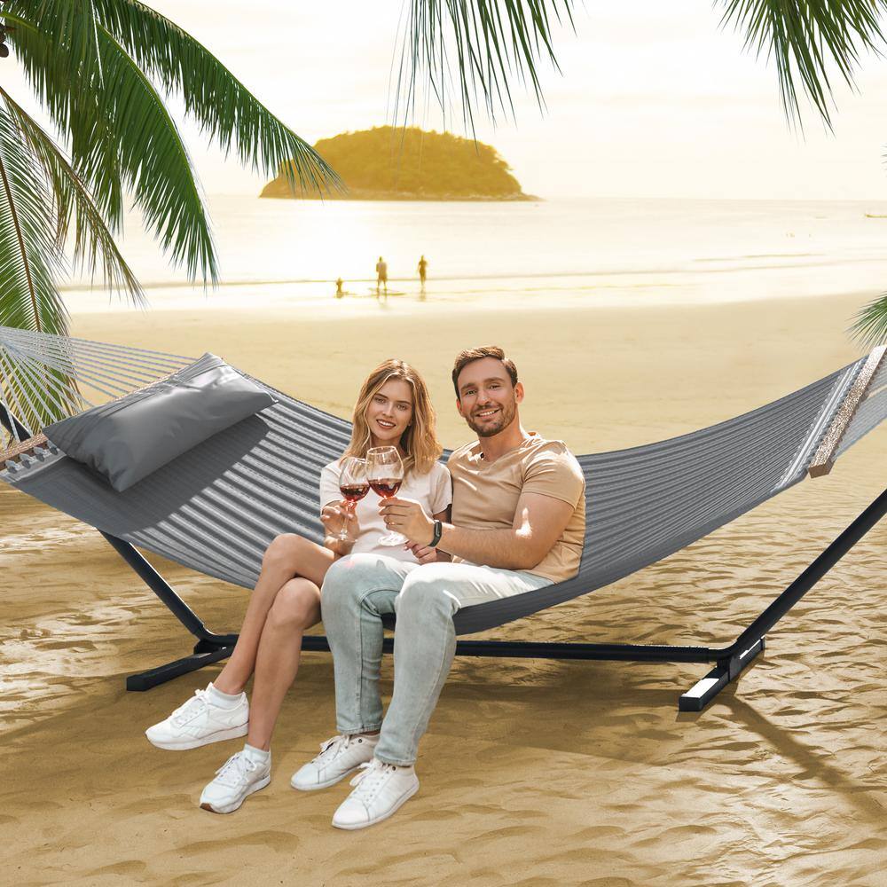 DEXTRUS 2-Person 12 ft. Free Standing Metal Hammock Stand with Detachable Pillow in Gray