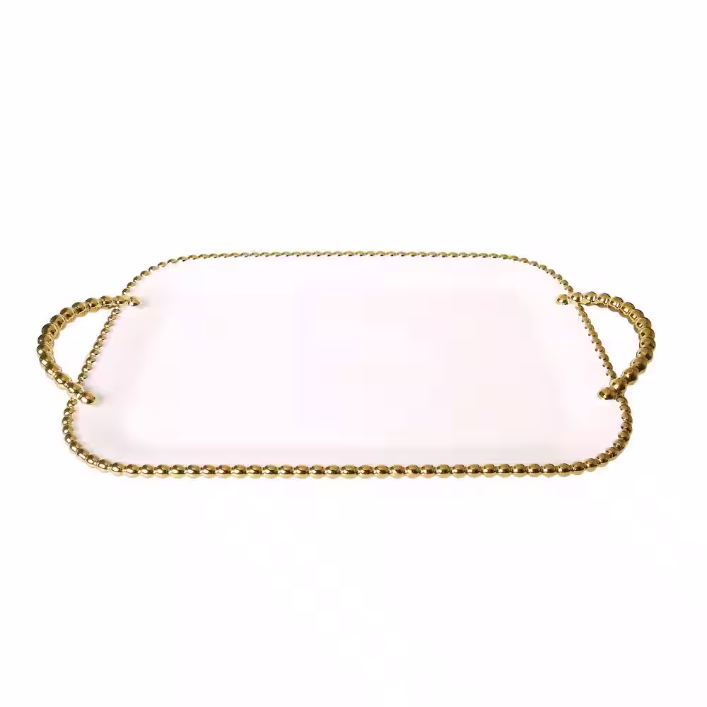 C T Classic Touch Porcelain White Tray with Gold Beaded Borders and Handles