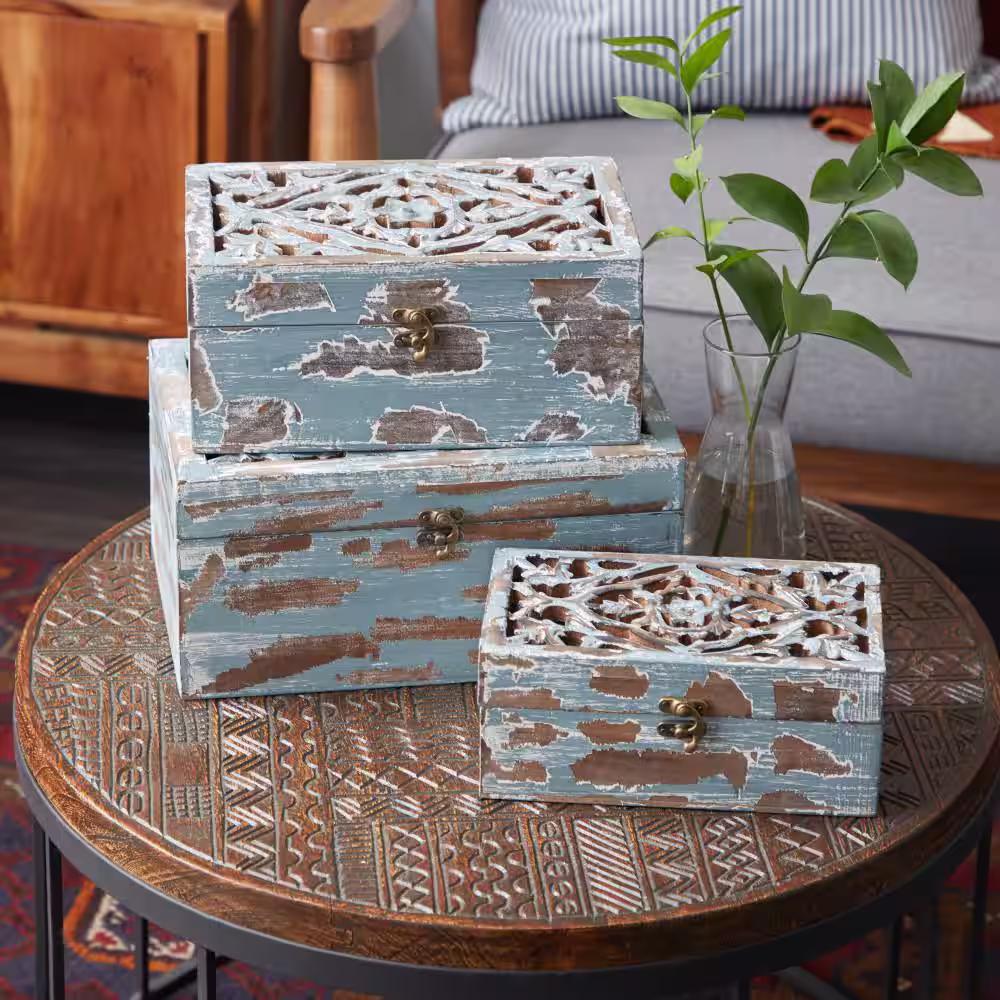 None Brown Wood Country Cottage Decorative Box (Set of 3)