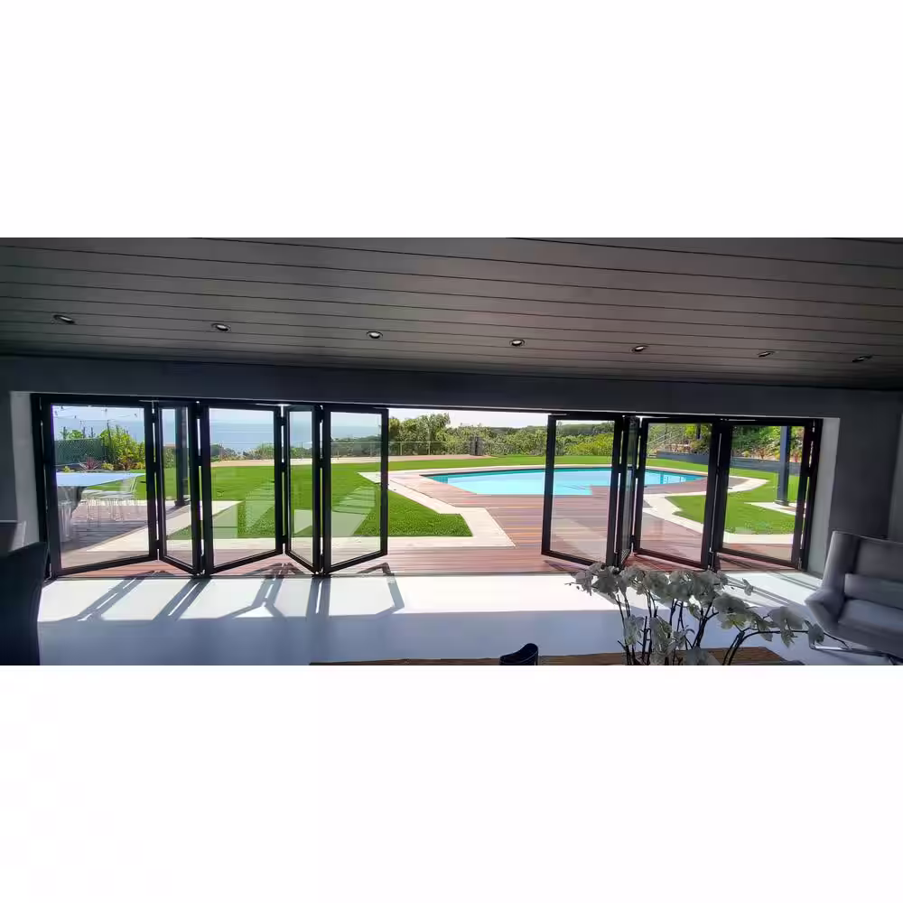 None 216 in. x 96 in. Center Opening/Outswing Double Tempered Glass Black Aluminum Folding Patio Door