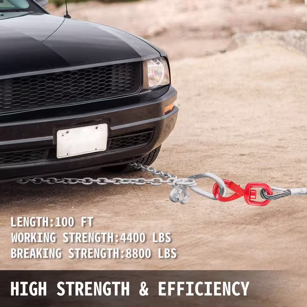 VEVOR Winch Towing Cable 100 ft. x 3/8 in. Wire Rope with Hook Galvanized Steel 8800 lbs. Loading 6x19 Strand Core