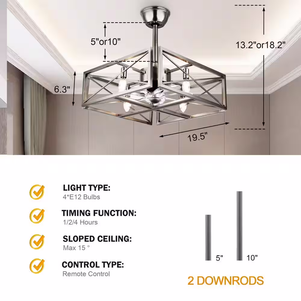 Oaks Aura 20 in. Modern Chrome Indoor Low Profile Ceiling Fan with Light, Industrial Flush Mount with Remote for Bedroom Norton