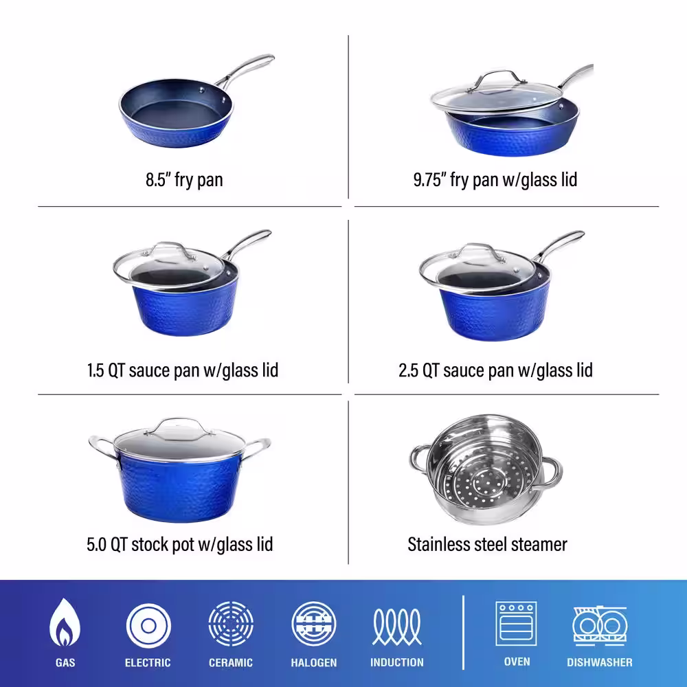GRANITESTONE 10-Piece Aluminum Hammered Ultra-Durable Non-Stick Diamond Infused Cookware Set in Classic Blue