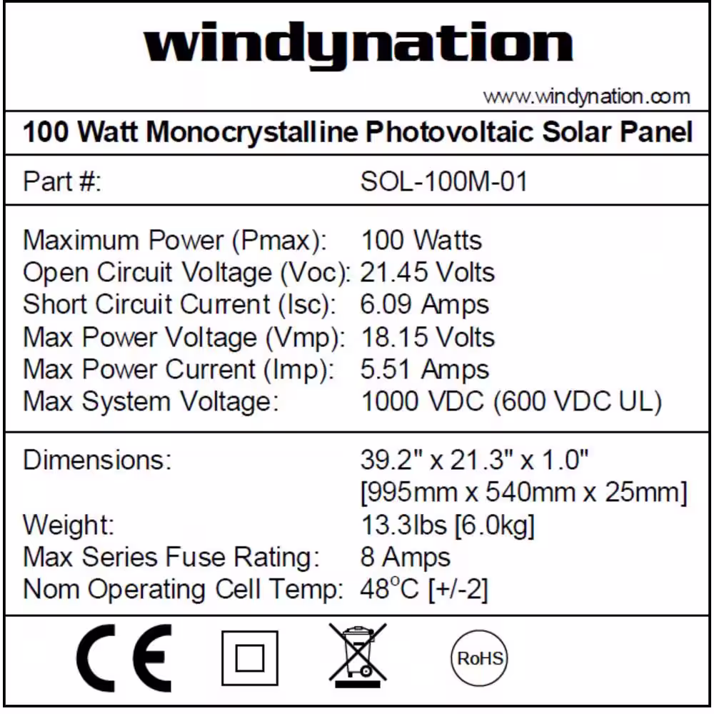 WindyNation 100-Watt Monocrystalline Solar Panel