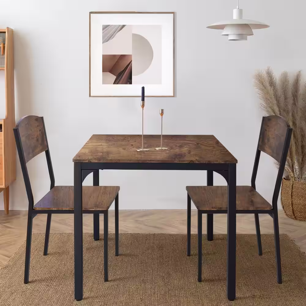 None 3-Piece Metal and Wooden Dining Table Set with 2 Side Chairs
