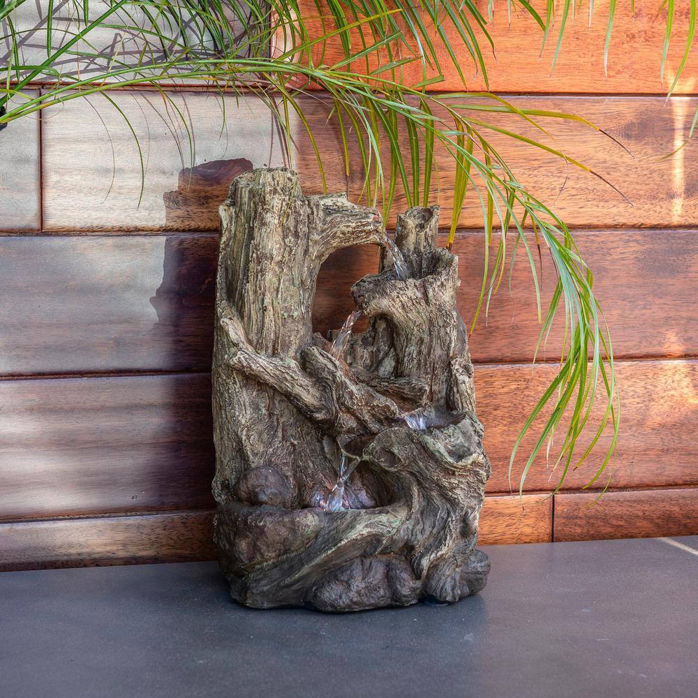 Alpine Corporation 14 in. Tall Indoor 5-Tier Tabletop Rainforest Tree Trunk Waterfall Fountain with LED Lights