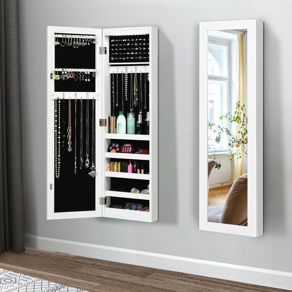 ANGELES HOME White Wall And Door Mirrored Jewelry Cabinet With LED Light