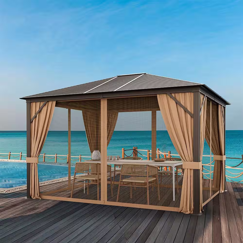 Costway 12 ft. x 10 ft. Brown Patio Hardtop Gazebo with Galvanized Steel Top Aluminum Frame Outdoor