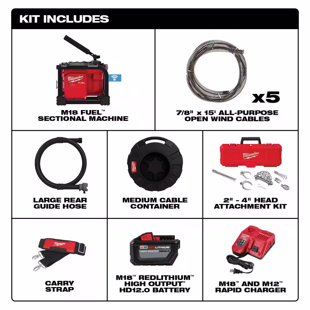 Milwaukee M18 FUEL Cordless Drain Cleaning Sewer Sectional Machine Kit with 7/8 in. Cable with Attachments